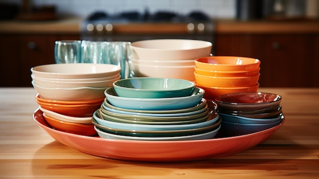 Colorful tableware on the wooden shelfgenerative ai