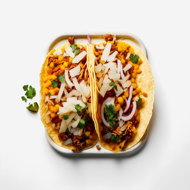 Photo a colorful tacos al pastor on white background. juicy marinated pork, fresh pineapple, and cilantro.