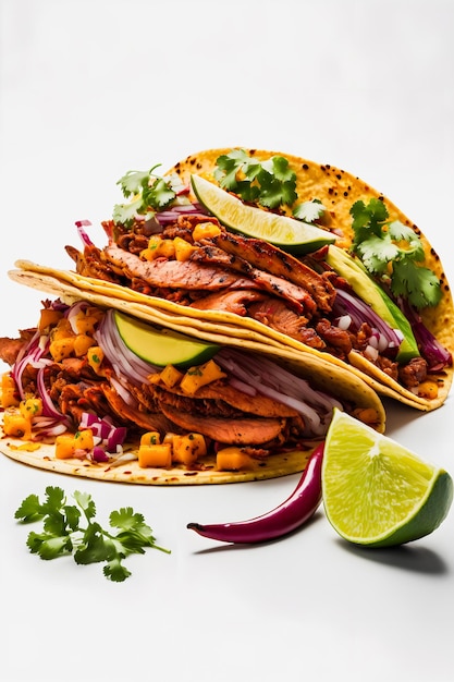 Photo a colorful tacos al pastor on white background. juicy marinated pork, fresh pineapple, and cilantro.