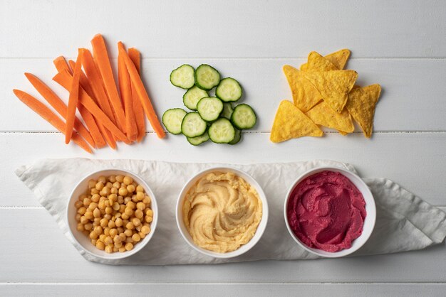 Colorful and tasty hummus with ingredients