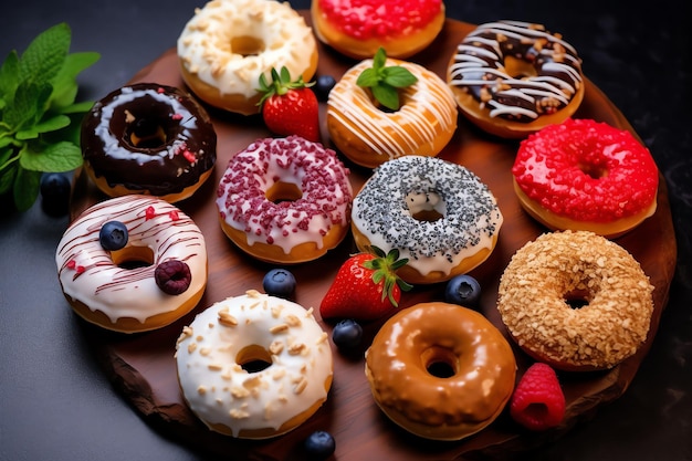 Colorful and tasty various donuts with colorful sprinkles sugar Delicious dessert donuts background