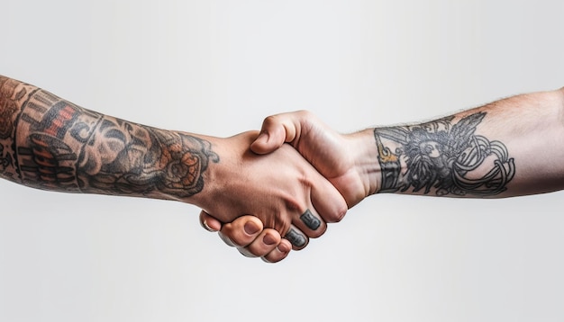 Photo colorful tattooed handshake strength