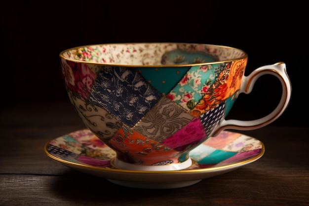 Красочная чайная чашка с блюдцем, на котором написано «кошка».