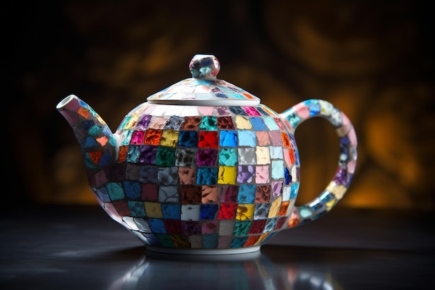 A colorful teapot with the word tea on it