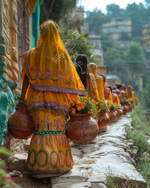 Photo a colorful teej procession women wallpaper