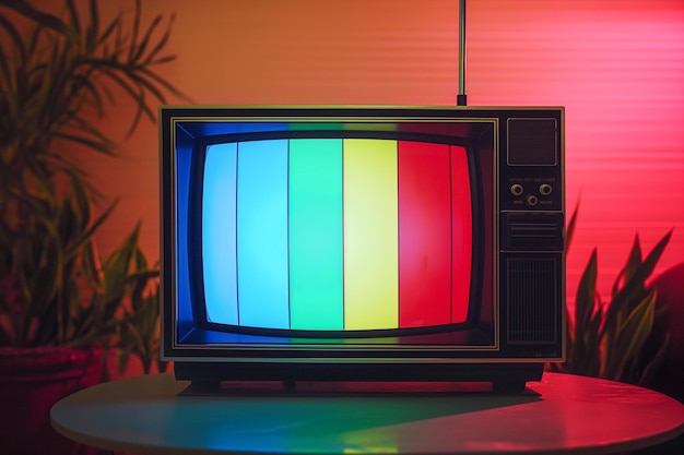 다채로운 텔레비전 세트 가 테이블 에 앉아 있다