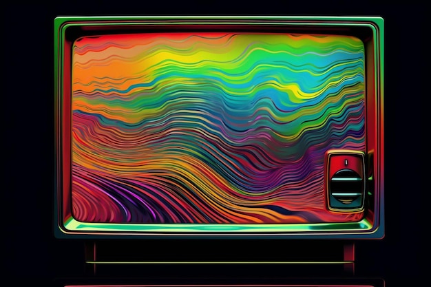 a colorful television with a rainbow colored background.