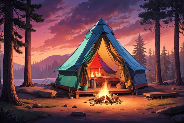 A colorful tent nestled in a serene campground with a warm fire crackling and the smell of pine in the air