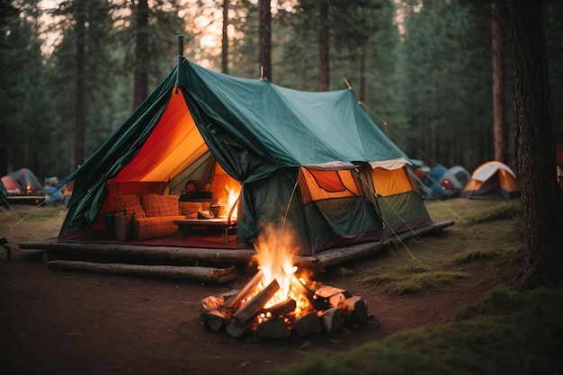 暖かい火がパチパチと音を立て、松の香りが漂う静かなキャンプ場に佇むカラフルなテント