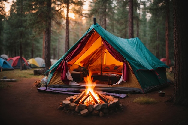 A colorful tent nestled in a serene campground with a warm fire crackling and the smell of pine in the air