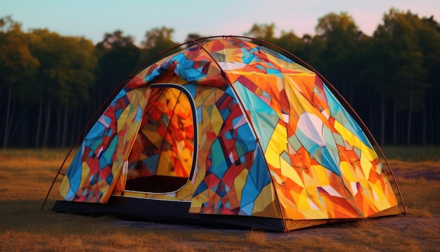 A colorful tent with a sunset in the background