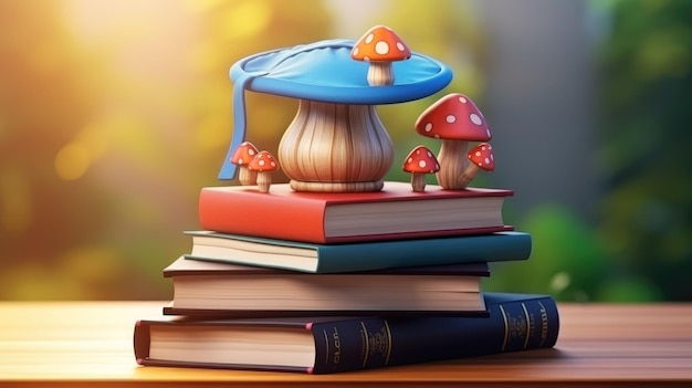 Фото Красочные учебники с выпускной шапкой на верхушке