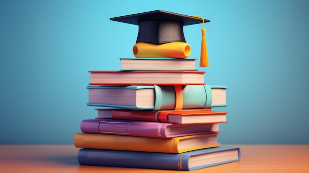 colorful textbooks with a graduation cap on top