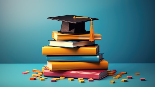 colorful textbooks with a graduation cap on top