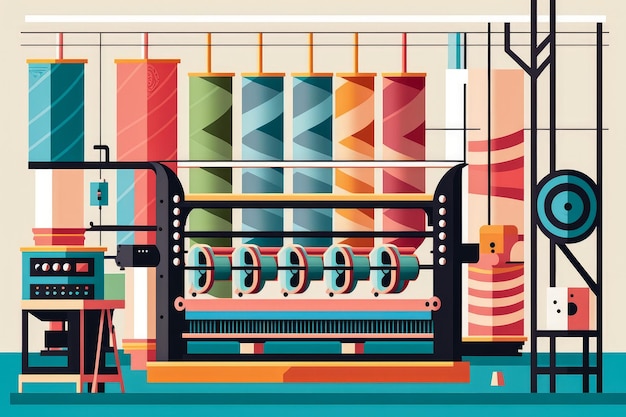 Photo colorful textile mill with looms producing different fabrics and patterns