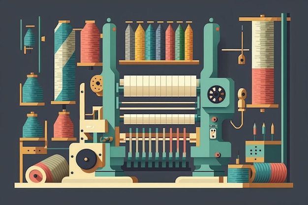 Красочная текстильная фабрика с ткацкими станками, производящими различные ткани и узоры