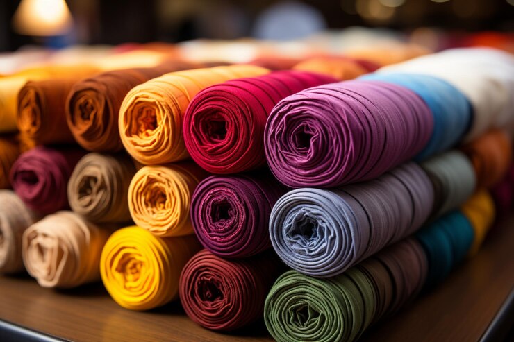 Colorful textiles stack in a fabric store with a blurred background
