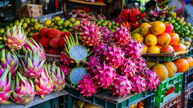 A colorful Thai fruit market with exotic fruits like dragonfruit mangosteen and rambutan on display