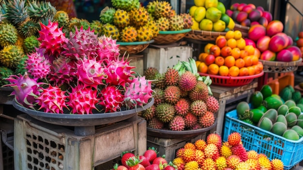 A colorful Thai fruit market with exotic fruits like dragonfruit mangosteen and rambutan on display