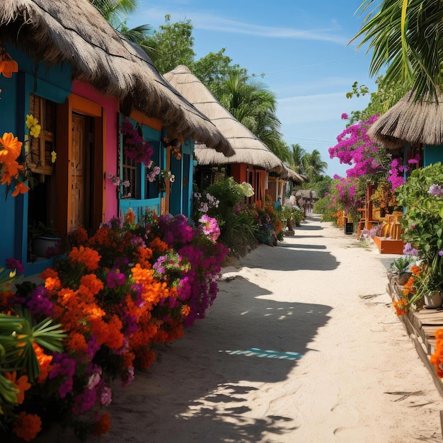 Colorful thatched houses on a road with exotic atmosphere