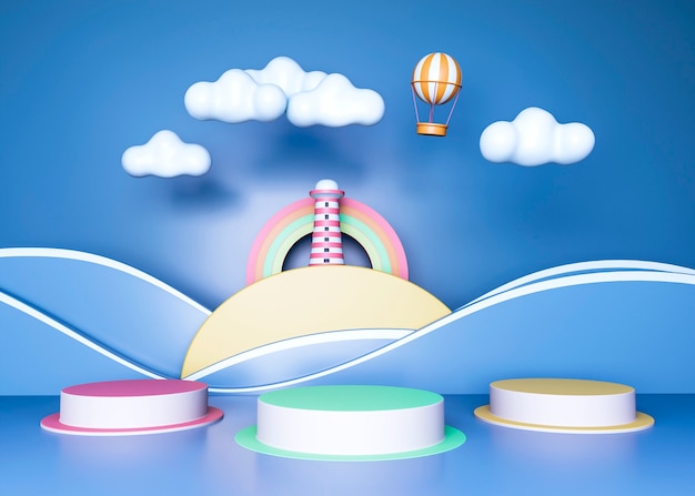 Photo colorful three-dimensional podium with lighthouse and hot-air-balloons