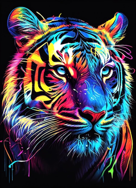 Colorful tiger portrait on dark background by Generative AI