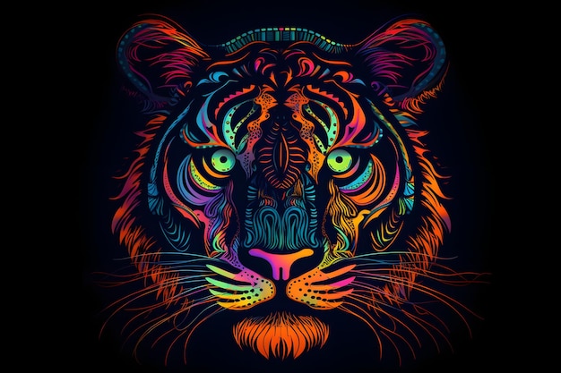 Colorful tiger's face on black background with blue background Generative AI