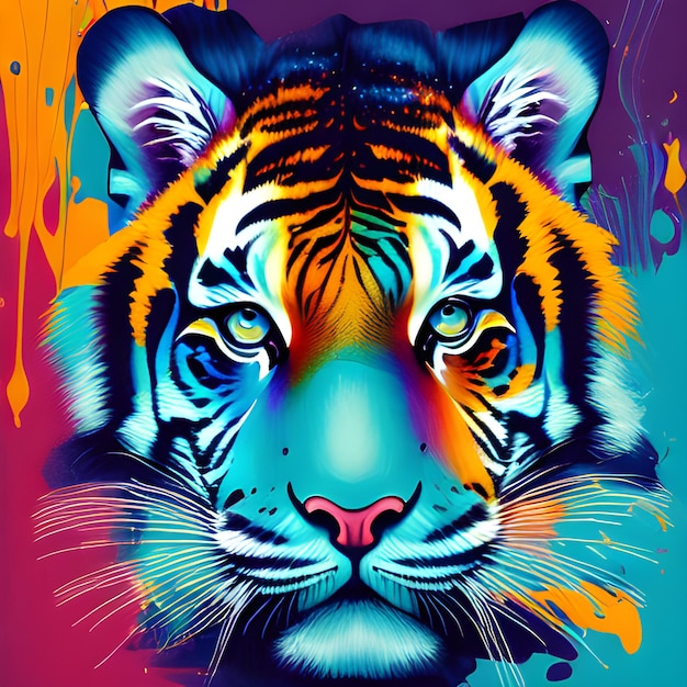 A colorful tiger with blue eyes is on a colorful background.