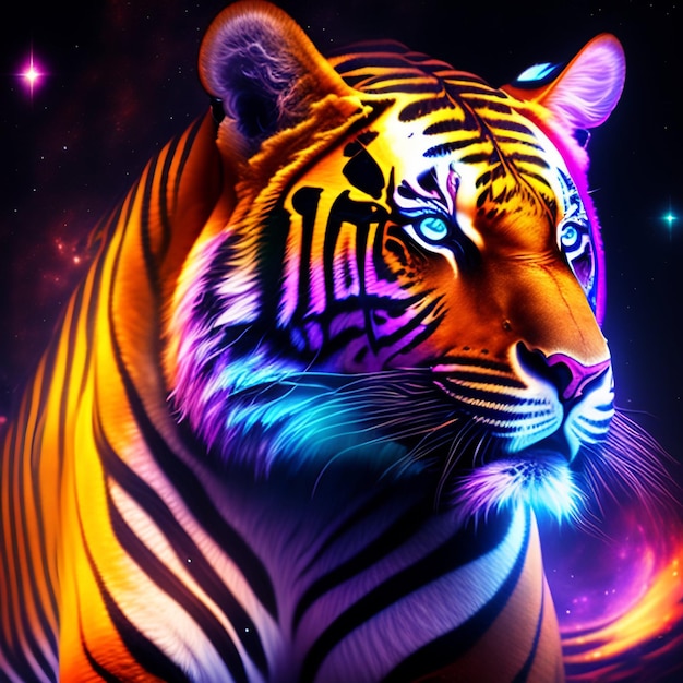 A colorful tiger with blue eyes is shown in this image.