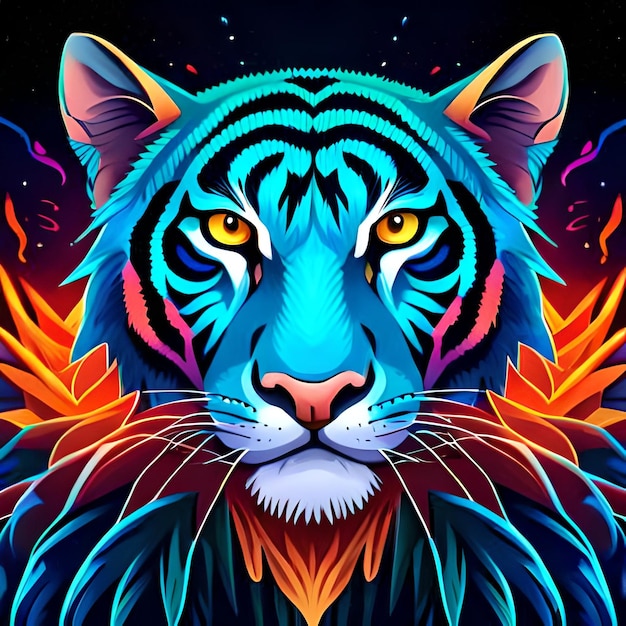 A colorful tiger with a blue face and yellow eyes.