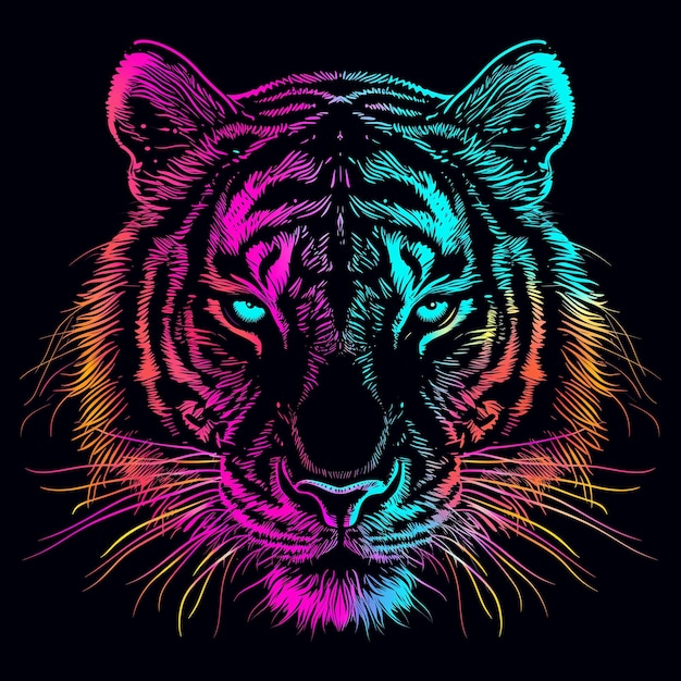 Colorful Tigers Face on Black Background