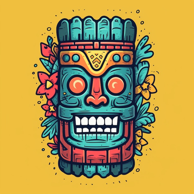 A colorful tiki mask with flowers and leaves on a yellow background generative ai