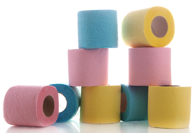 Colorful toilet paper rolls isolated on white