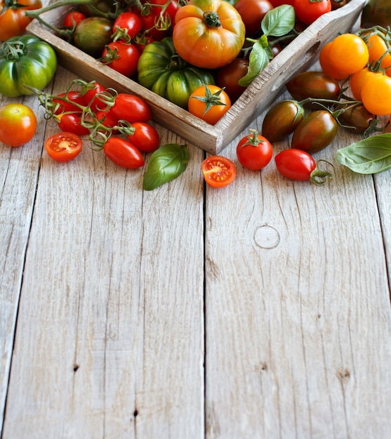 Colorful tomatoes in tray on a wooden table close up with copy space