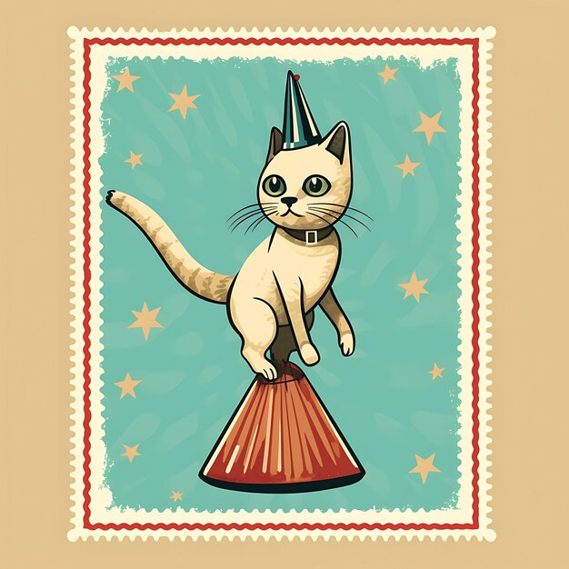 Photo colorful tonkinese cat with circus performer costume balancing on a t animal stamp collection idea