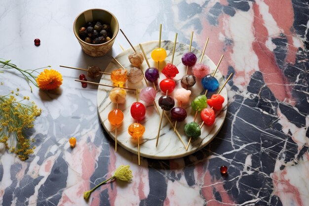 Photo colorful toothpicks on a marble surface with a plate of assorted canap