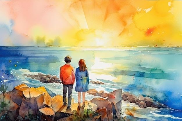 Colorful Top View of a Watercolor Seascape with Lovers and Family