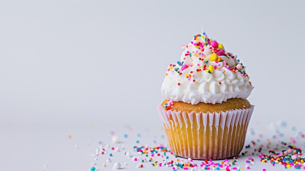 カラフルなトッピングカップケーキ白いテーブルの上に白いグラスとスプリンクルが付いたケーキ