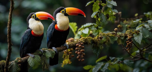 Photo colorful toucans perched on a lush green branch