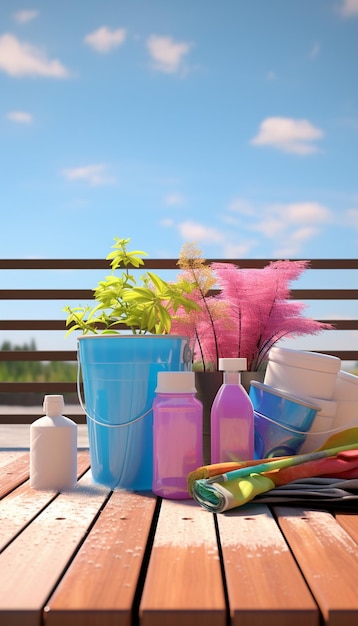 Colorful towels and bottles of body care products on wooden table outdoors