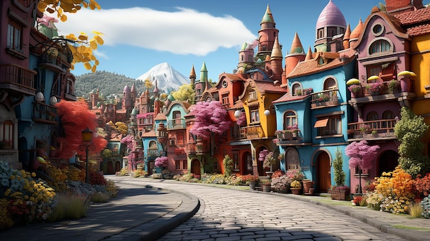 カラフルな街 PixarStyle 3D 漫画