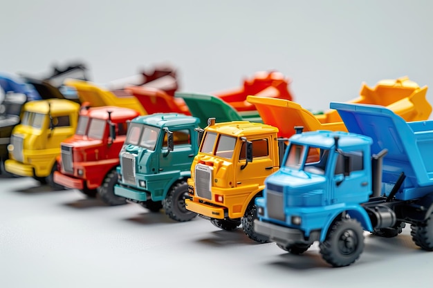 Colorful toy construction trucks in a row on white background