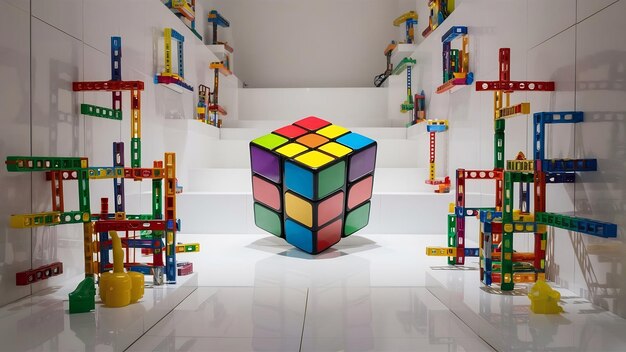 Photo colorful toy constructions designed and shaped on white toy plastic construction rubics cube