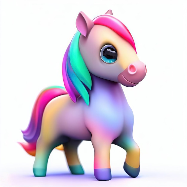 A colorful toy horse with a pink mane and blue eyes.