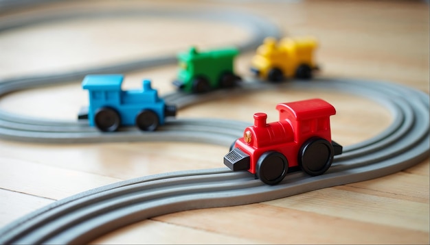 colorful toy trains on track