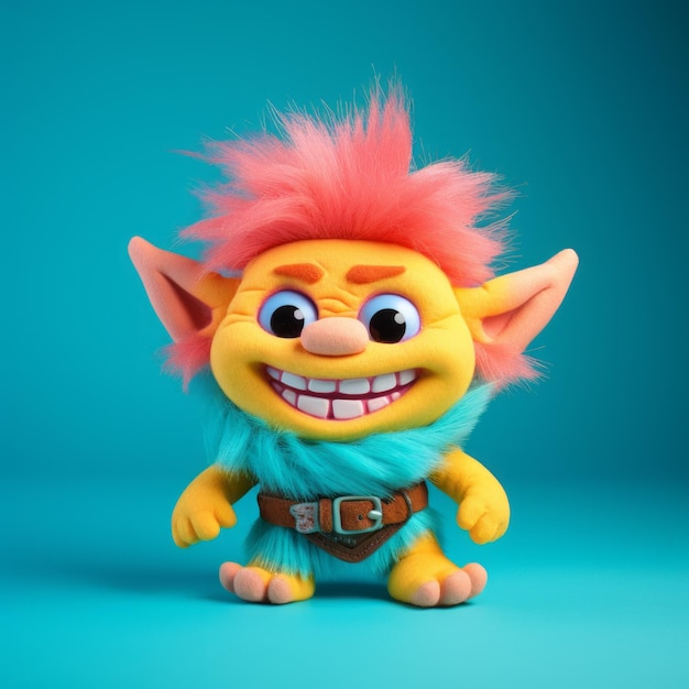 Красочный игрушечный тролль с яркими волосами и выразительными чертами лица