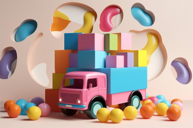 A colorful toy truck with a box on the front.