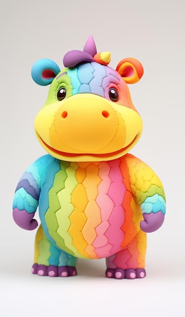 A colorful toy with a pink nose and a green stripe on the front.