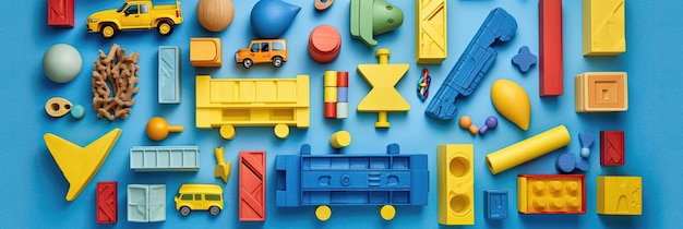 Colorful toys on blue background flat lay set