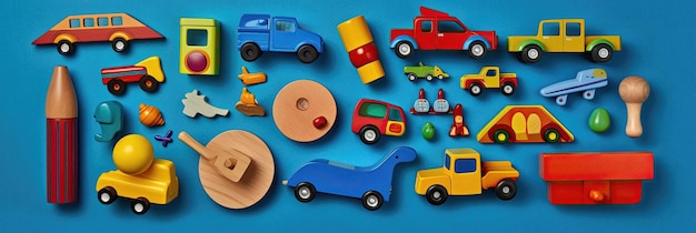 Colorful toys on blue background flat lay set